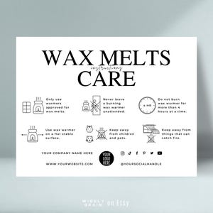 Bewerkbare waxmelts onderhoudskaartsjabloon, waxmelt instructiekaarten, wax taartjes veiligheidshandleiding, elegant design waxmelt verpakkingsinzetstukken