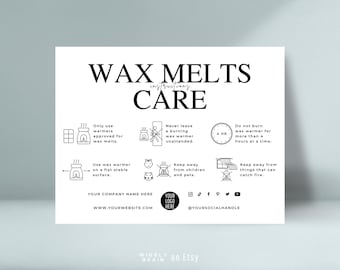 Editable Wax Melts Care Card Template, Wax Melt Instructions Cards, Wax Tarts Safety Guide, Elegant Design Wax Melt Packaging Inserts