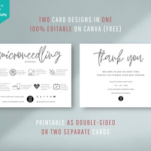 May include: Two printable cards, one with a thank you message and the other with microneedling aftercare instructions. The cards are designed to be printed double-sided or as two separate cards. The cards include contact information for a business, including a website and social media handle.