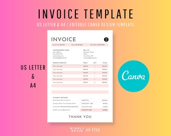 Editable Invoice Template, Printable Business Invoice, Custom Order Form, Payment Receipt, Billing Form Canva Design Template