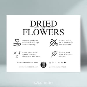 Modelo de cartão de cuidados com flores secas, cartões com dicas para buquês secos, guia de cuidados com floristas, instruções de cuidados com negócios florais de design elegante editável