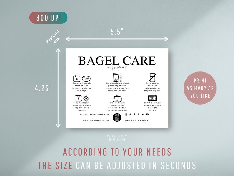 Editable Bagel Care Card Template, Bread Roll Storage Instructions ...