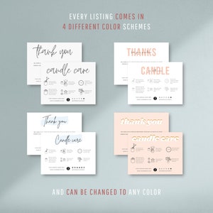 Pode incluir: Quatro esquemas de cores diferentes para um cart&atilde;o de instru&ccedil;&otilde;es de cuidados com velas. O cart&atilde;o apresenta o texto "Obrigado pelos cuidados com as velas" em uma variedade de fontes e cores. O cart&atilde;o inclui instru&ccedil;&otilde;es sobre como cuidar de uma vela, como aparar o pavio e queimar a vela por um determinado tempo.