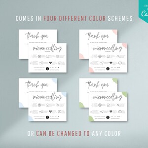 May include: Four different color schemes for a thank you card for microneedling. The text on the card reads "Thank you for taking the time to get to know us!" and includes a list of services offered. The card can be customized to any color.