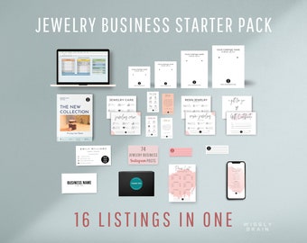 May include: A digital product bundle for jewelry businesses, featuring 16 printable listings in one pack. The bundle includes a pricing list, care instructions, gift certificates, social media posts, and more. The text "16 Listings in One" is displayed in the center of the image.