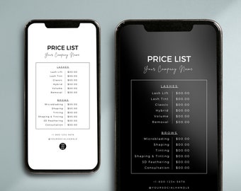 Lista de precios de Instagram, plantilla editable para historias de Instagram, menú de servicios con diseño elegante, menú para redes sociales digitales