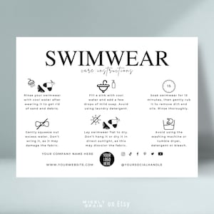 Peut inclure: Instructions d'entretien pour les maillots de bain imprimées en noir et blanc. Les instructions comprennent comment rincer, faire tremper, sécher et ranger les maillots de bain. Le texte comprend la phrase "Instructions d'entretien pour les maillots de bain".