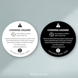 Verstikkingsgevaar waarschuwingslabelsjabloon, bewerkbare speelgoedveiligheidssticker, weghouden van kinderen, rond minimalistisch ontwerp Let op-instructies