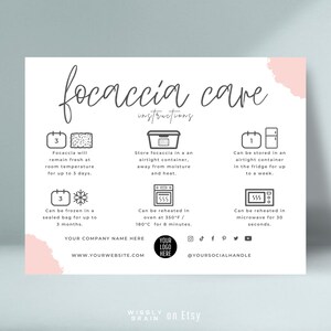 Plantilla de tarjeta de cuidado de focaccia, guía de instrucciones de almacenamiento de pan de masa madre editable, marca de panadería para pequeñas empresas de diseño boho imprimible