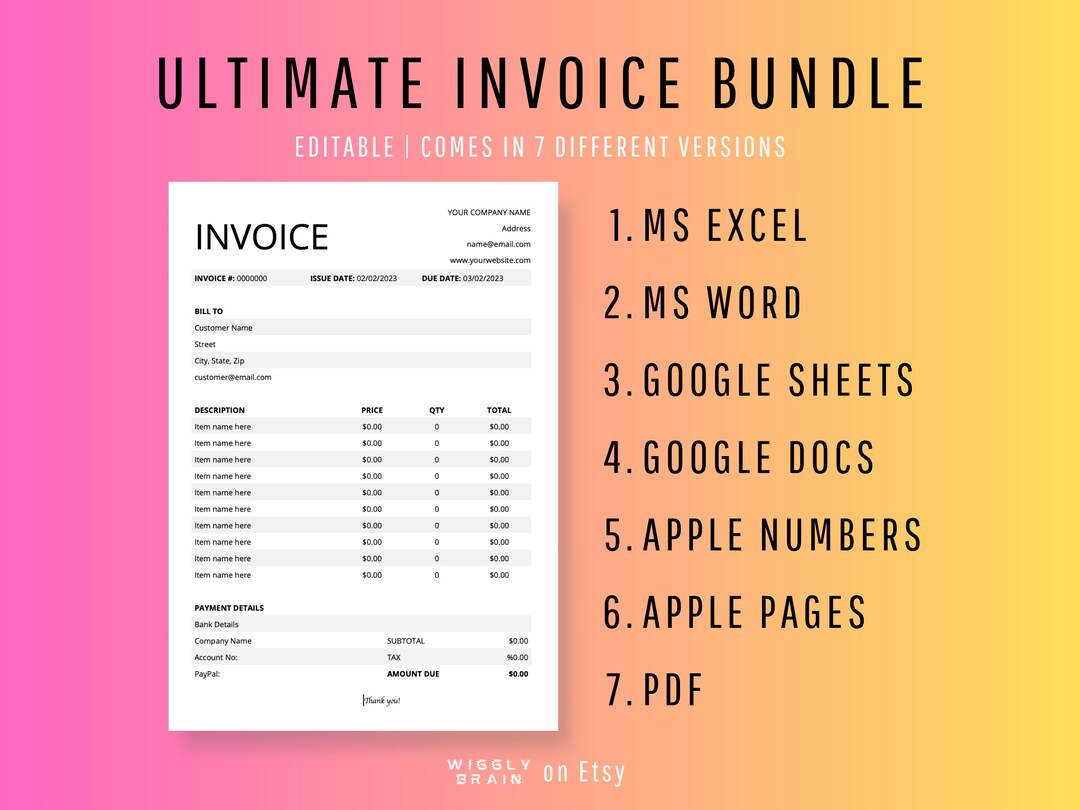 Editable Invoice Template Bundle in US Letter & A4, MS Word - MS Excel ...