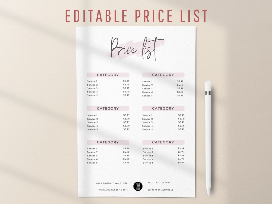 Editable Price List Template, Printable Pricing Sheet, Beauty Salon ...