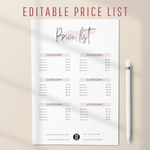 Könnte beinhalten: Editierbare Preislistenvorlage mit einem rosafarbenen Aquarelldesign. Die Vorlage enthält vier Kategorien mit jeweils fünf Dienstleistungen. Jede Dienstleistung hat einen Preis daneben. Die Vorlage enthält auch Platz für Ihren Firmennamen, Ihre Website und Ihre Social-Media-Handles.