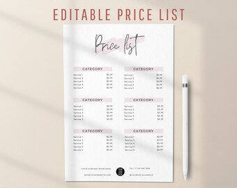 Editable Price List Template, Printable Pricing Sheet, Beauty Salon Price Guide, Modern Custom Menu for Small Businesses