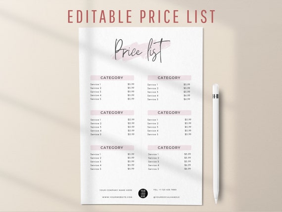 Editable Price List Template Printable Pricing Sheet Beauty | Etsy