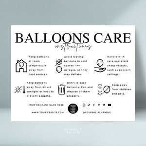 Modello modificabile per biglietto per la cura dei palloncini in 4 varianti, biglietti guida con istruzioni di sicurezza per palloncini ad aria ed elio dal design elegante