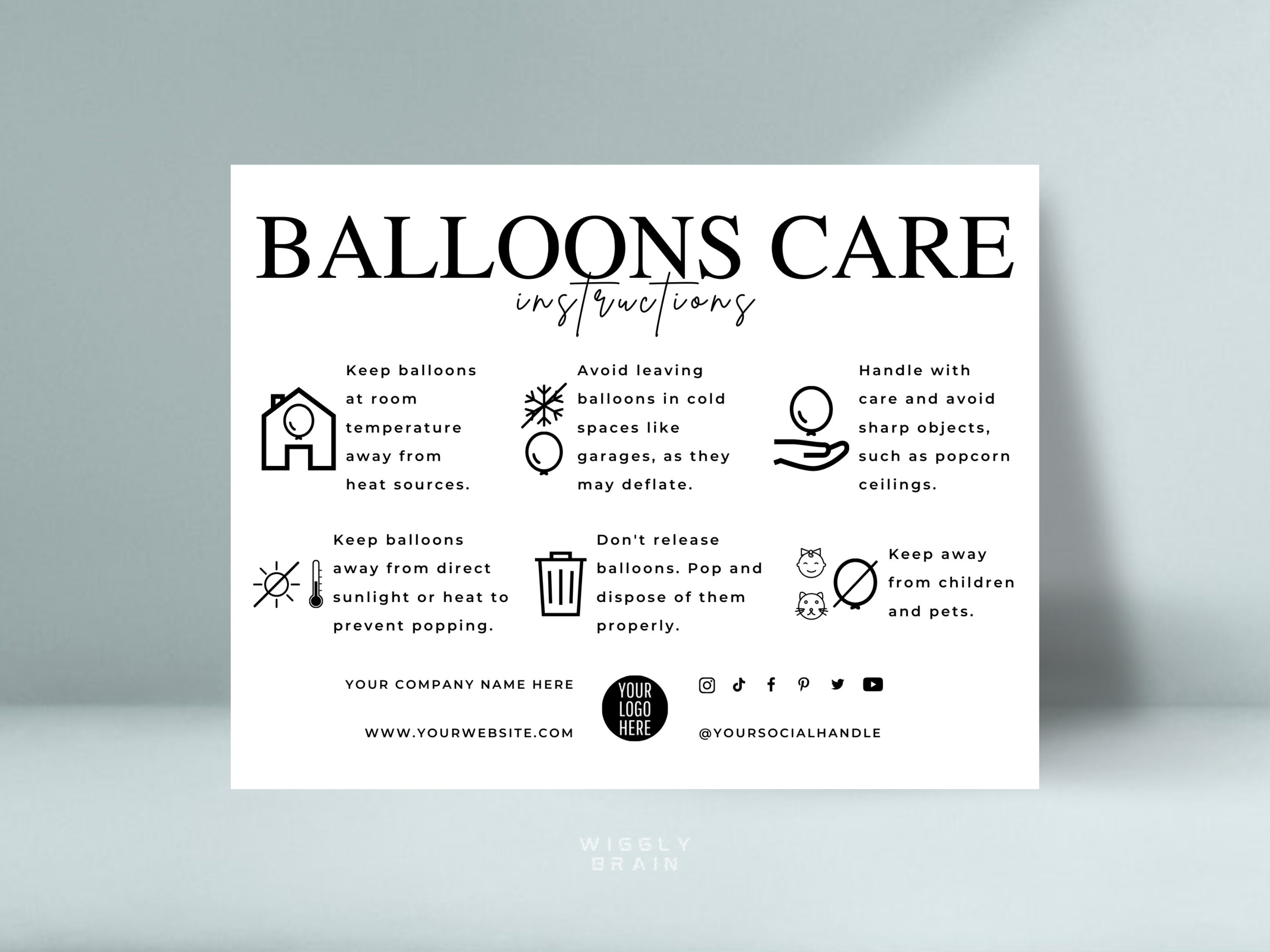 Bearbeitbare Ballonpflegekartenvorlage in 4 Variationen, elegantes Design für Luft- und Heliumballons Sicherheitsanweisungen und Anleitungskarten