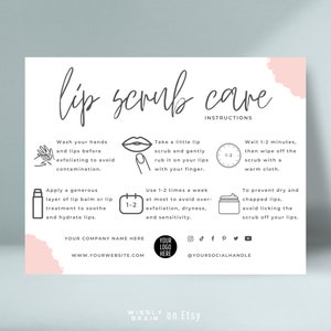 Bewerkbare Lip Scrub-verzorgingskaartsjabloon, Lips Sugar Scrub-verzorgingsgids, afdrukbare exfoliërende balsem Klantinstructies, hoe Lip Scrub te gebruiken
