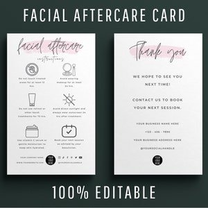 Editable Facial Aftercare Card Template, Facial Treatment Post Care Guide, Modern Esthetician Care Instructions