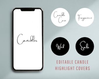 Op de afbeelding: Bewerkbare kaars-highlight-covers voor sociale media. De covers bevatten zwarte en witte cirkels met tekst die "Candle Care", "Fragrance", "Wick" en "Sale" zegt.