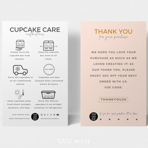 Mini Cupcakes Care Card Template, Editable Muffins Care Guide Tips, Cupcake Care Instructions, Minimalist Design Bakery Packaging Inserts