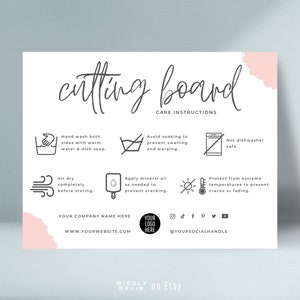 Bearbeitbare Kartenvorlage mit Pflegeanweisungen für Schneidebretter, Verpackungsbeilage mit Anleitung zur Wartung von Metzgerblöcken, Tipps für Hackblöcke im Boho-Design