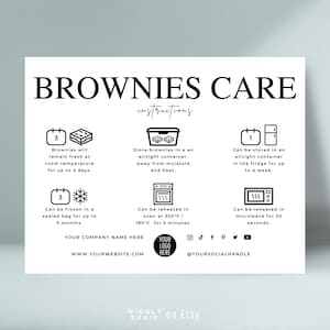 Bewerkbare brownies-onderhoudskaartsjabloon, bewaarinstructies brownies, gids voor het opwarmen van desserts en bakkerij, elegant ontwerp bakkerijverpakkingen