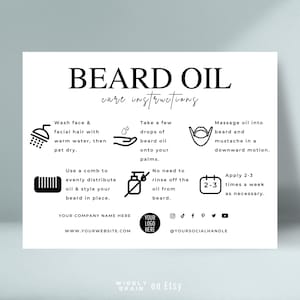 Vorlage für Bartöl-Pflegekarte, Anleitung zum Auftragen von Schnurrbartserum, Leitfaden für Herrenkosmetik, Bartbalsam-Pflegekarten, Verwendung von Bartpomade