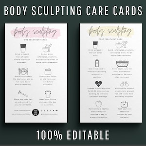 Plantilla editable para el cuidado previo y posterior a la escultura corporal, tarjeta de cuidado posterior para el contorno corporal, instrucciones imprimibles para el cuidado de la escultura corporal