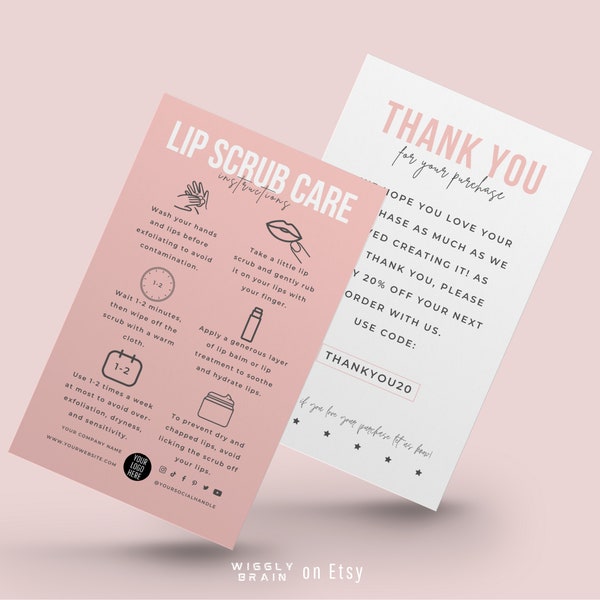 Editable Lip Scrub Care Card Template, Lips Sugar Scrub Care Guide, Chic Exfoliating Balm Customer Instructions, How to Use Lip Scrub