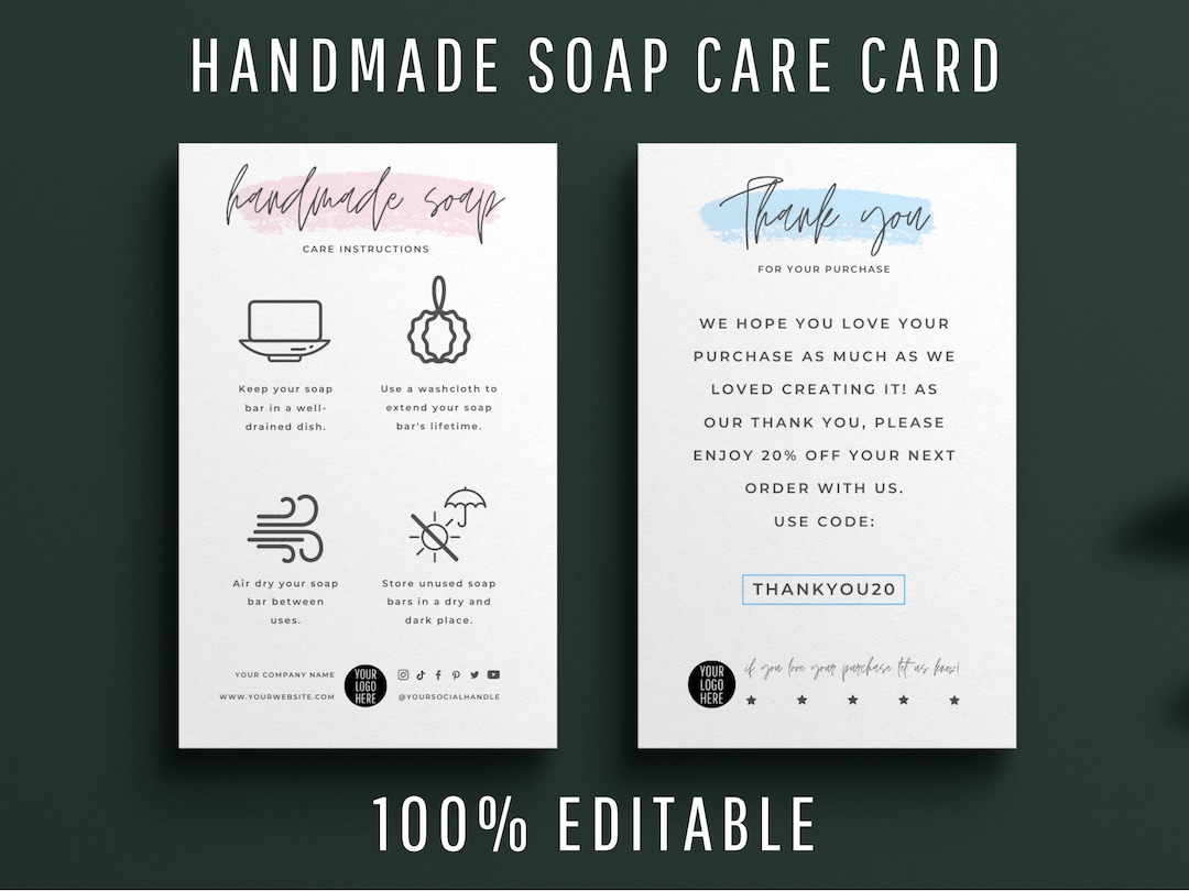 Editable Soap Care Card Template, Handmade Soap Bar Care Guide