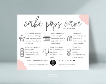 Editable Cake Pops Care Card, Printable Cake Pop Care Instructions Template, Cake Lollipops Care Guide, Boho Design Cake Balls Storage To Do