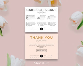 Plantilla minimalista para el cuidado de Cakesicles, guía de cuidado editable para Cakesicles, cuidado de paletas de pastel, insertos para empaques de panadería