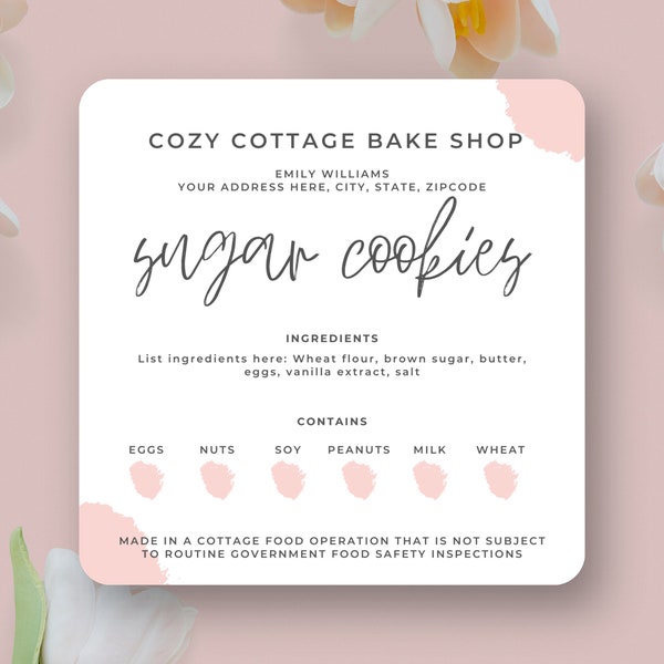 Editable Cottage Law Labels Template, Elegant Cookies Ingredients Labels, Custom Home Bakery Stickers, Printable Food License Label