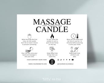 May include: Black and white instructions for using a massage candle. The instructions include how to burn the candle, how to use the wax, and safety precautions. The text includes the phrase "Massage Candle" and the company name and website.