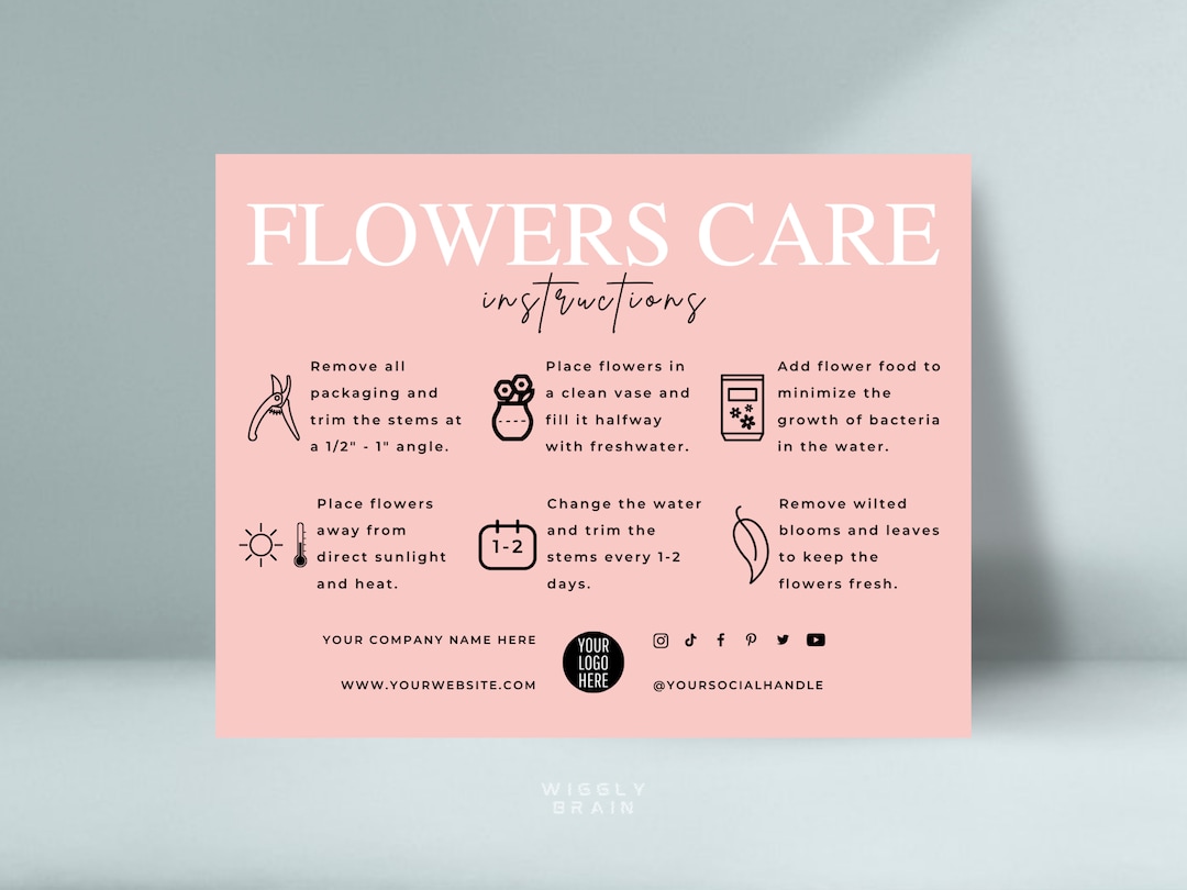 Editable Flowers Care Card Template, Bouquet Care Guide, Printable