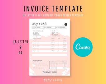 Editable Invoice Template, Printable Business Invoice, Custom Order Form, Payment Receipt, Billing Form Canva Design Template