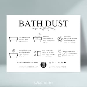 Bearbeitbare Badestaub-Pflegeanleitungsvorlage, Badeschaum-Pflegekarte, Badepulver-Pflegeanleitung (Anweisungen), elegantes Design zum druckbaren Badesalzhinweis