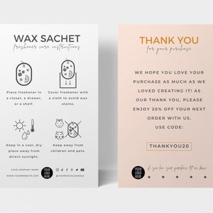 Mini Wax Sachet Zorgkaartsjabloon, Onderhoudsinstructies voor kledingkastverfrisser, Bewerkbare geurpomandergids, Minimalistische luchtverfrisserveiligheid