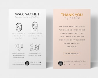May include: A white card with black text and illustrations showing instructions for using a wax sachet. The card also includes a thank you message with a discount code: THANKYOU20.