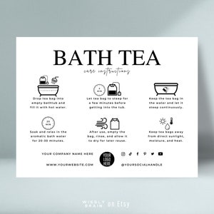 Modèle de carte modifiable d'entretien du thé pour le bain, guide d'entretien du thé dans la baignoire, instructions d'entretien du bain aux herbes, design élégant en sachets de thé pour le bain imprimable en toute sécurité