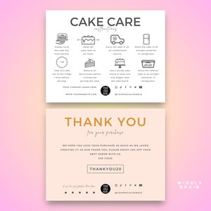 Plantilla de tarjeta para el cuidado del pastel, instrucciones editables para el cuidado del pastel de boda, guía de cuidado del pastel de diseño minimalista, inserciones de embalaje de panadería imprimibles