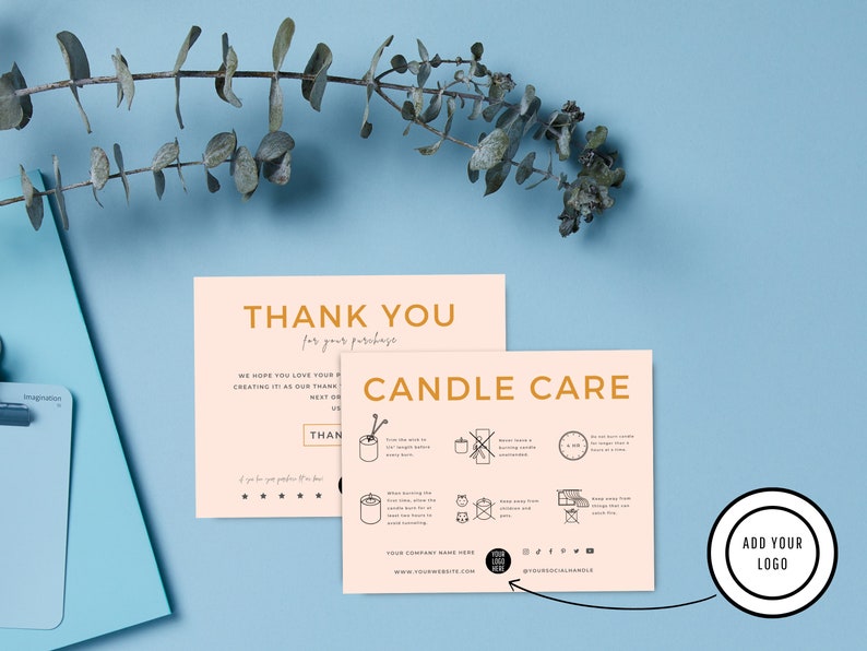 May include: A pink thank you card with the text "Thank You for your purchase" and "Candle Care" with instructions on how to care for candles. The card also includes a space for a logo and social media handles.