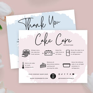 Plantilla de tarjeta para el cuidado del pastel, instrucciones editables para el cuidado del pastel, guía minimalista para el cuidado del pastel de boda, inserciones de embalaje de panadería