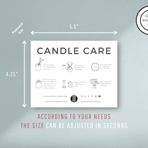 May include: A black and white printable candle care guide with instructions on how to trim the wick, burn the candle safely, and keep it away from drafts. The guide is 5.5 inches wide and 4.25 inches tall. It includes the text "Candle Care" and "According to your needs, the size can be adjusted in seconds."