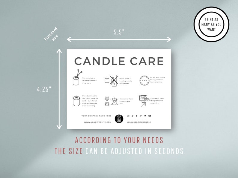 May include: A black and white printable candle care guide with instructions on how to trim the wick, burn the candle safely, and keep it away from drafts. The guide is 5.5 inches wide and 4.25 inches tall. It includes the text "Candle Care" and "According to your needs, the size can be adjusted in seconds."
