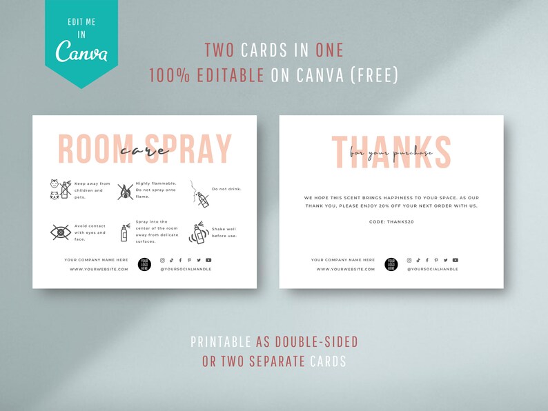 Printable Mist Card Room Spray Care Card Template Printable Room Mist Care | Etsy