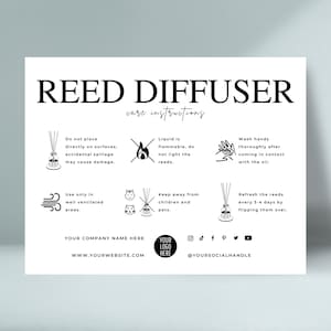 Plantilla de tarjeta de cuidado del difusor de caña editable, instrucciones de cuidado del difusor de caña, guía de cuidado del difusor de habitación, manual de aromas de habitación de diseño elegante