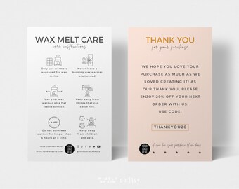 Mini Editable Wax Melt Care Card Template, Wax Tarts Care Instructions Templates, Minimalist Design Wax Melts Safety Card Design Insert