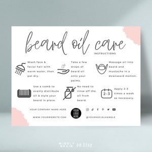Modelo de cartão de cuidados com óleo de barba Boho, instruções de aplicação de soro de bigode editável, guia de cosméticos masculinos, cartões de cuidados com pomada de bálsamo para barba