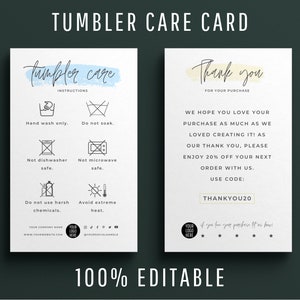 Tumbler Care Cards, Cup Care Instructions Card Template, Mug Care Cards, Editable Cup Packaging Inserts, Canva Design Templates